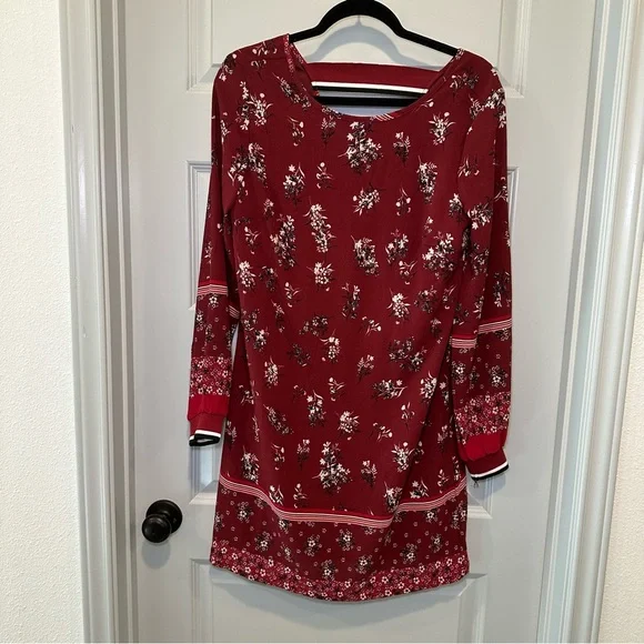 Maurices | Dresses | Nwt Maurices Red Floral Scoop Neck Long Sleeve Shift  Dress S | Poshmark